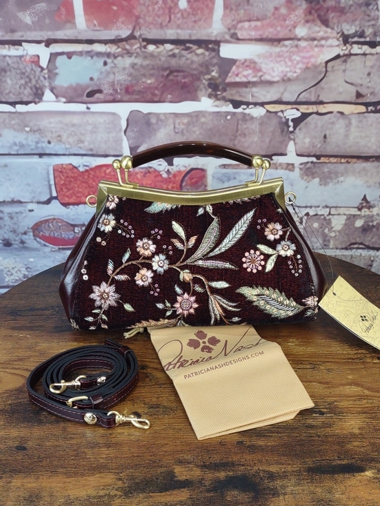 Patricia Nash Handbags - Patricia Nash "Kelmscott" Burgundy Embroidered Velvet Frame Bag